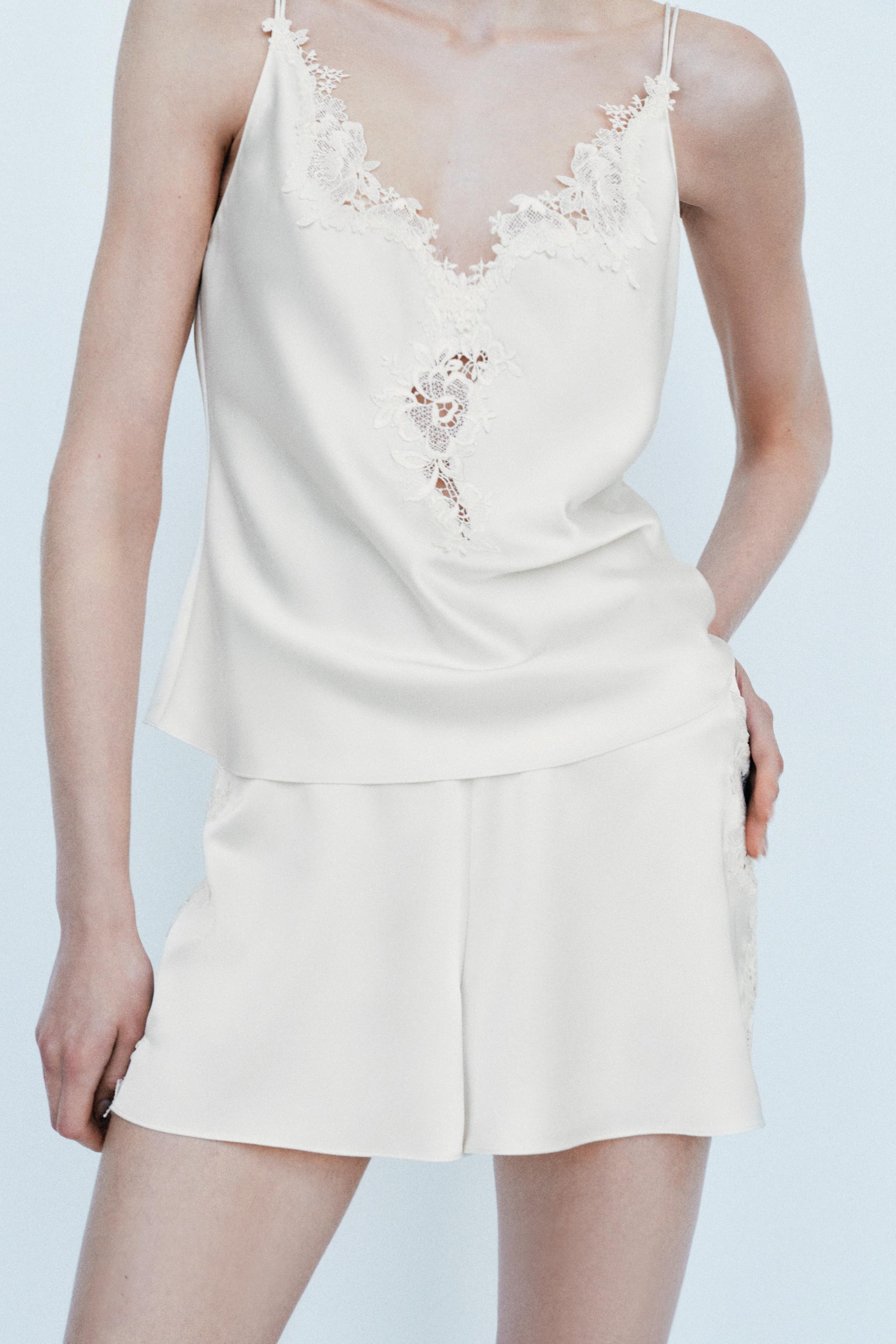 SATIN LACE-TRIM CROSS-STRAP TOP